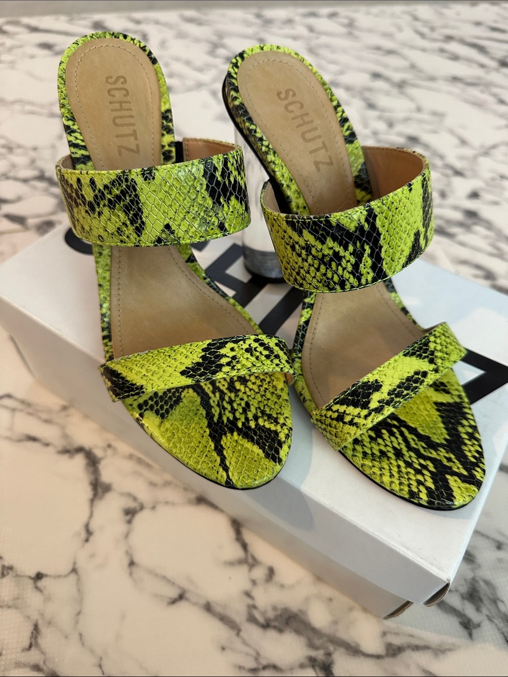 SCHUTZ Veridiana Neon Green/Yellow Snake-Print Double Strap Heels